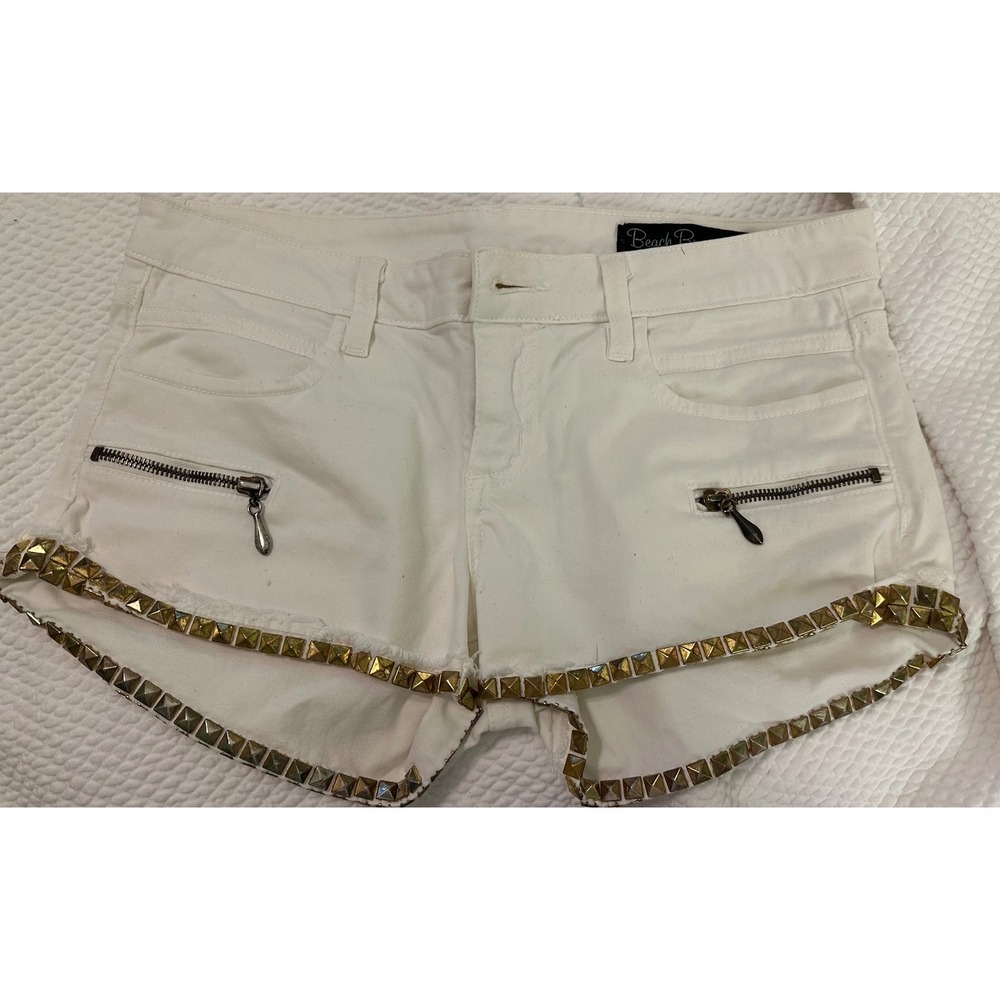 Beach Bunny Denim White gold‎ Studded Shorts Zipper Pockets Size 27 rare vintage